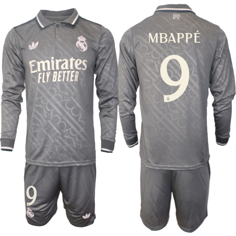 Men 2024-2025 Club Real Madrid away Long Sleeves Grey #9 Soccer Jersey